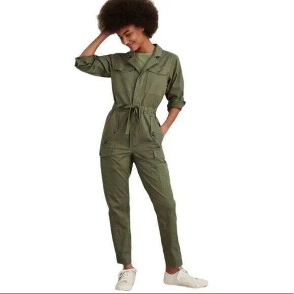 Alex Mill Long Sleeve Button Up Cargo Cotton Jumpsuit Size L Olive Green - Picture 1 of 11